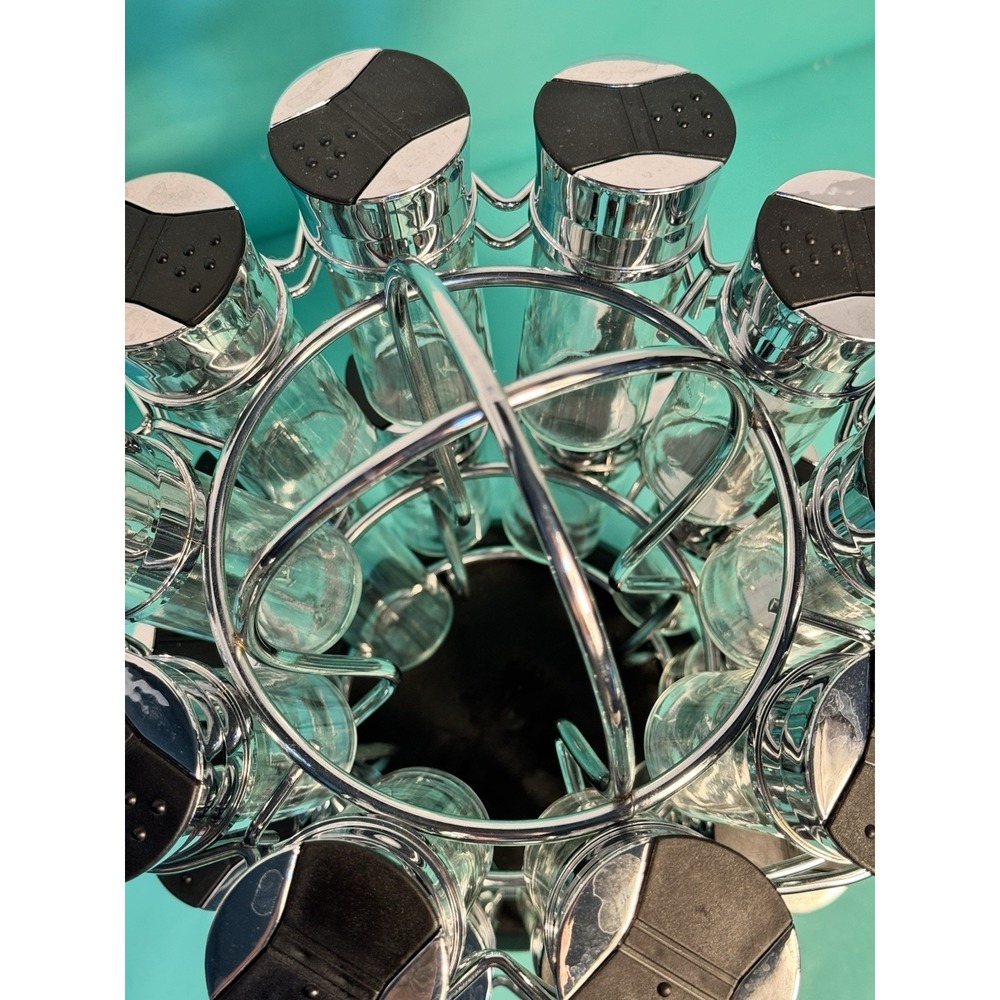 20 Jar Revolving Spice Rack Set Silver Black Glass Carousel Organizer with Lids - Picture 2 of 14
